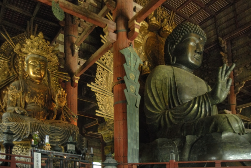 Todaiji Temple in Nara is home to the largest in-door buddha in the world, which in turn makes it one of the largest wooden structures