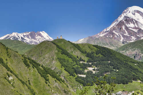 Mount Kazbek, with the solemn Gergeti Trinity Church, is Georgia's second-highest mountain